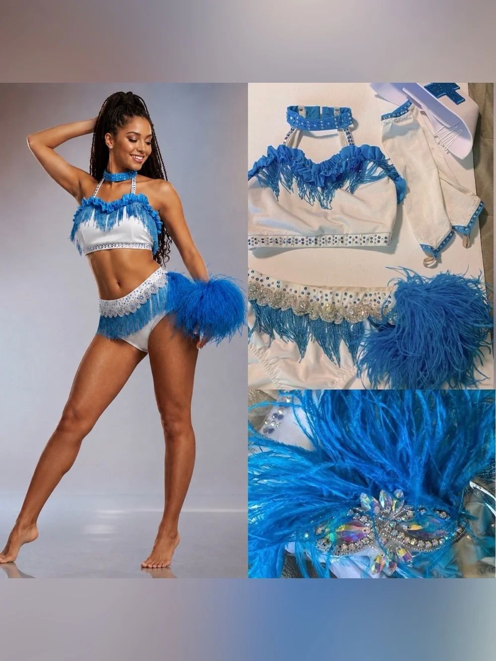 Custom Jazz Dance Costume XSA White Blue Fringe Ostrich Feather Broadway Solo